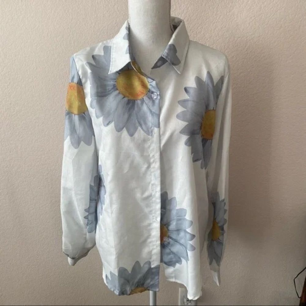 White Floral Button-Down Blouse with Yellow Centers